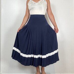 Vintage FRANK OLIVIER Navy Blue Drop Waist Pleated Skirt - Size S